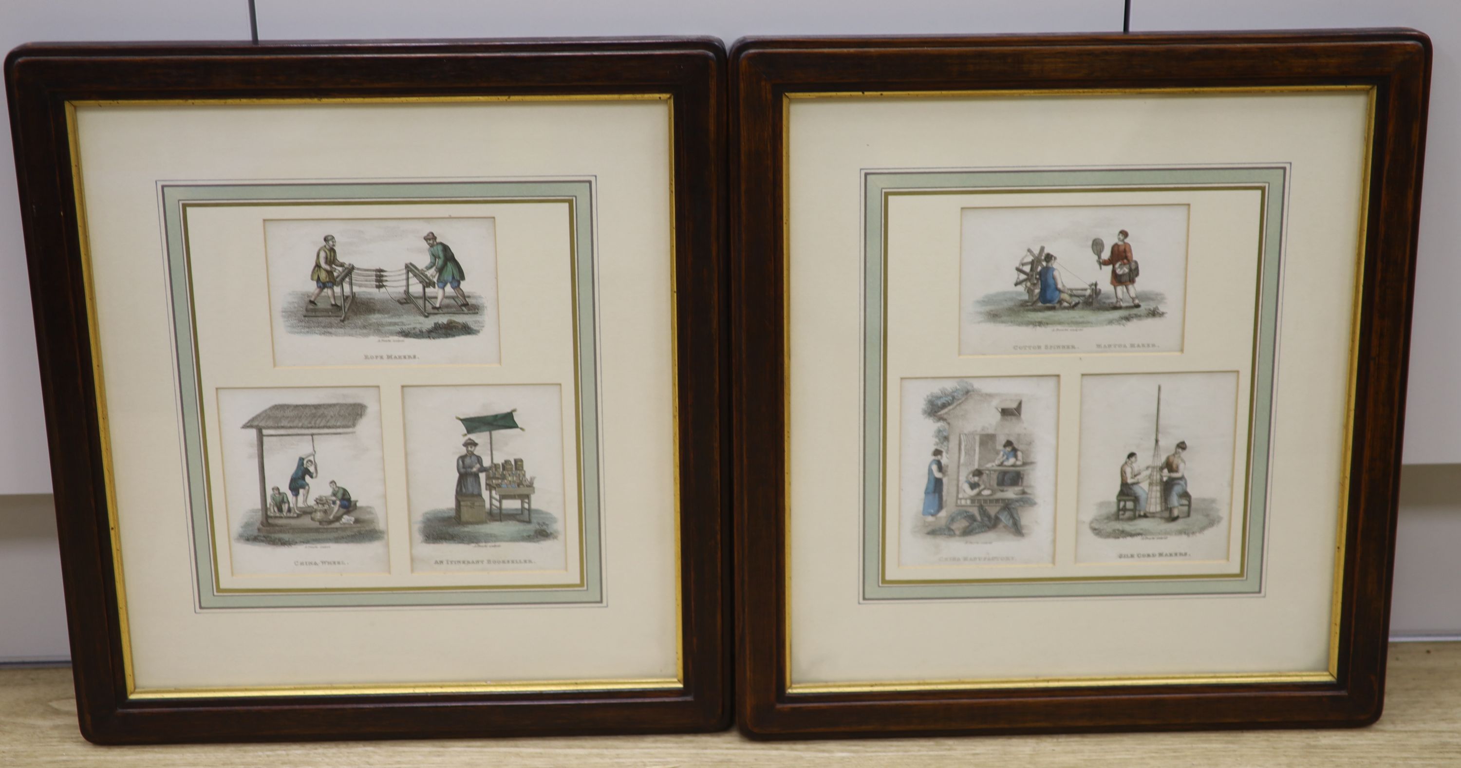 A set of six coloured engravings after A. Preschi of Chinese tradesmen, including silk cord makers, framed as two, overall 24 x 22cm